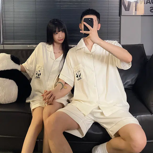 静英鸾 可爱熊猫翻领简约风休闲舒适家居服睡衣套装 男女同款