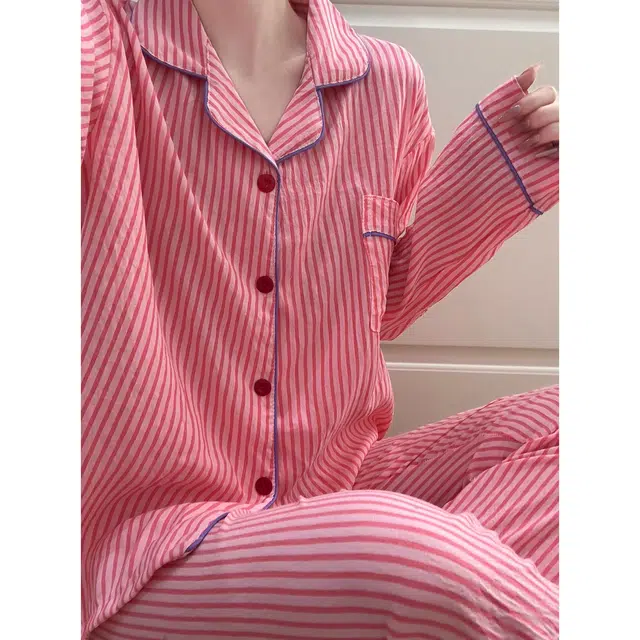 静英鸾 简约粉条纹小兔休闲风格舒适长袖家居服睡衣套装 女款