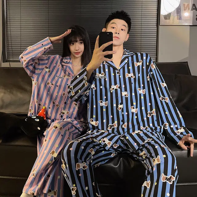 静英鸾 秋季翻领条纹腊肠狗甜美风休闲舒适可外穿家居服睡衣套装 男女同款