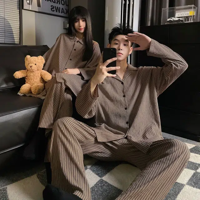 静英鸾 情侣舒适休闲风长袖翻领开衫简约设计家居服睡衣礼盒 男女同款