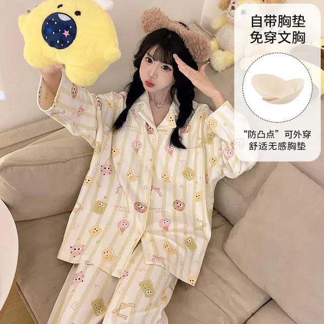 静英鸾 带胸垫长袖长裤翻领开衫卡通条纹小饼干家居服睡衣套装 女款