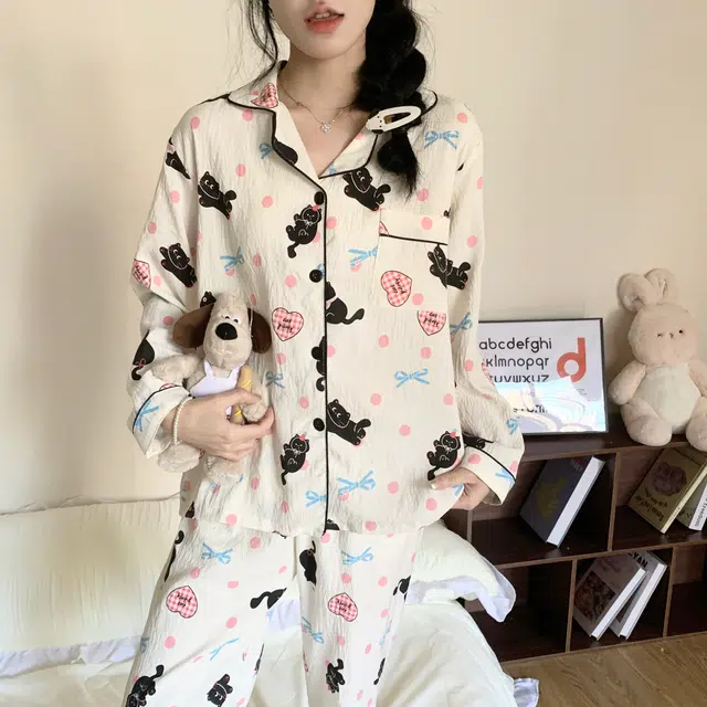 静英鸾 云朵棉长袖长裤翻领开衫卡通爱心小黑猫家居服秋冬季睡衣套装 女款
