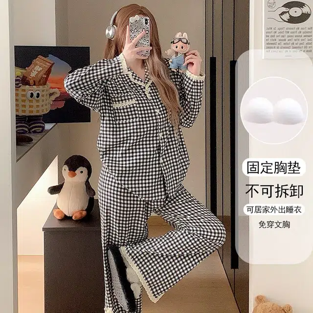 静英鸾 透气长袖舒适可外穿轻便格子家居服睡衣套装 女款