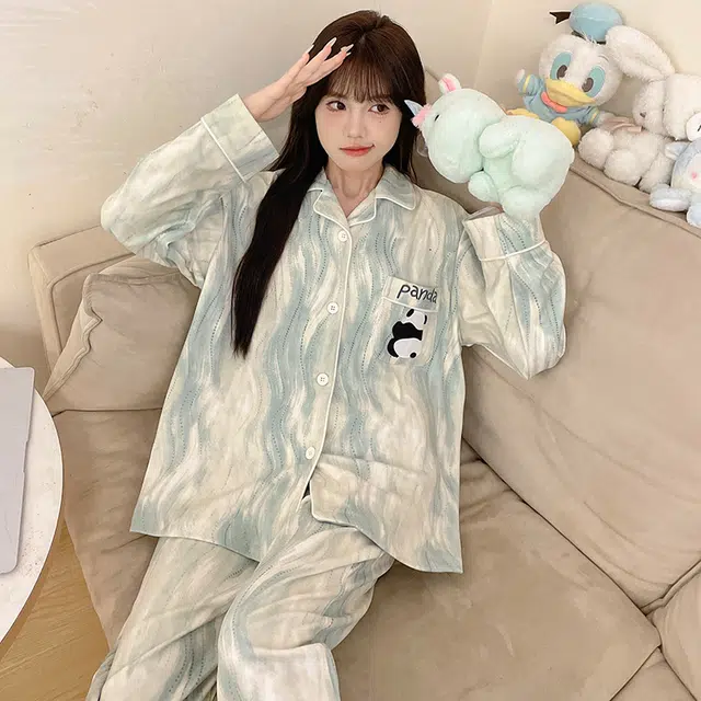 静英鸾 翻领卡通熊猫甜美风冬季德绒加厚保暖休闲舒适家居服睡衣套装 女款