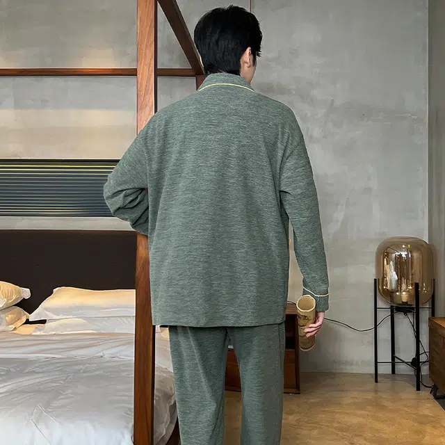 静英鸾 德绒长袖长裤翻领开衫简约纯色小熊休闲家居服秋冬季睡衣套装 男款