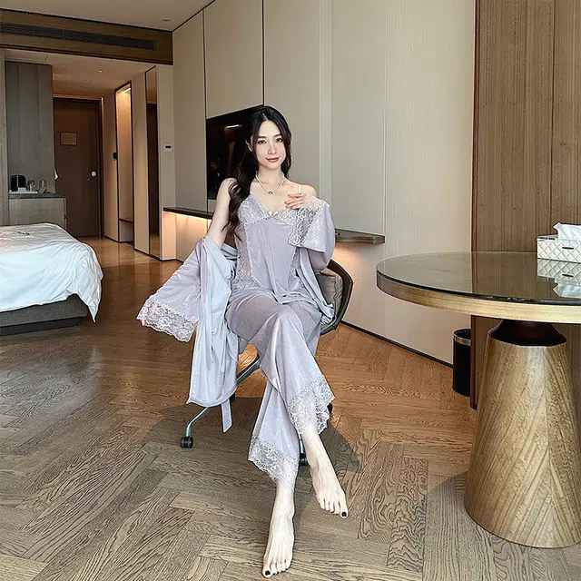 静英鸾 金丝绒长袖睡袍吊带长裤纯色甜美休闲花边性感家居服秋冬季睡衣套装 女款