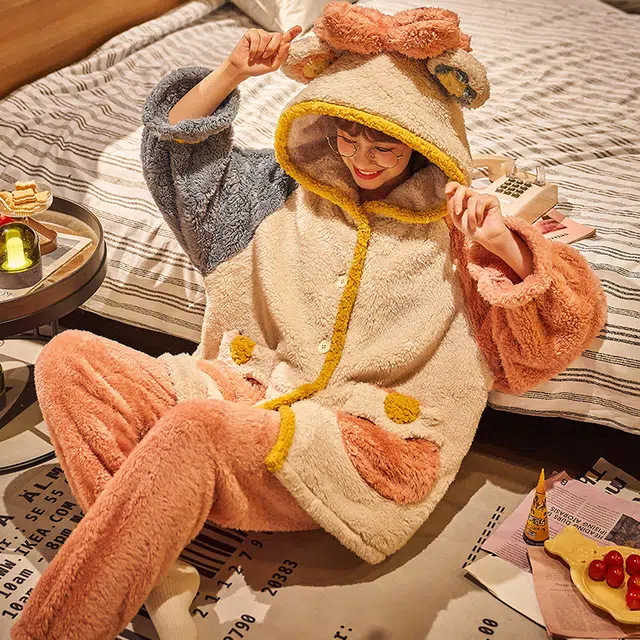 静英鸾 连帽舒适简约长袖长裤加绒加厚保暖家居服睡衣套装 女款