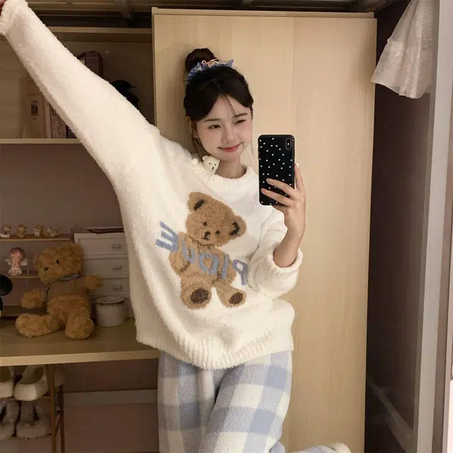 静英鸾 圆领舒适加绒加厚保暖长袖可外穿家居服睡衣套装 女款