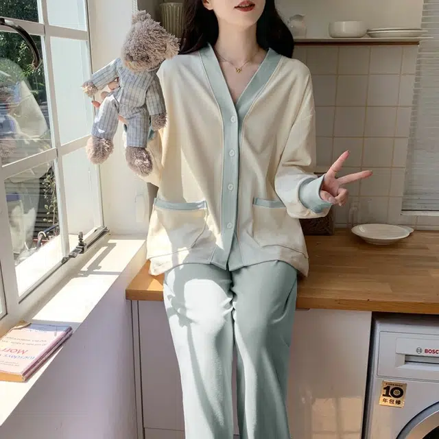 静英鸾 德绒长袖长裤和尚领开衫纯色简约小清新两件套家居服秋冬季保暖套装 女款