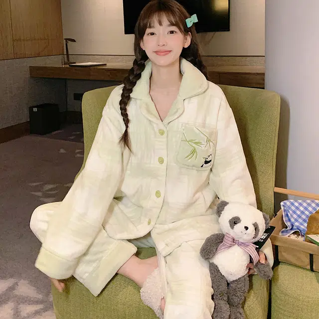 静英鸾 翻领简约休闲时尚小清新卡通熊猫法兰绒亲肤柔软舒适可外穿家居服睡衣套装 女款
