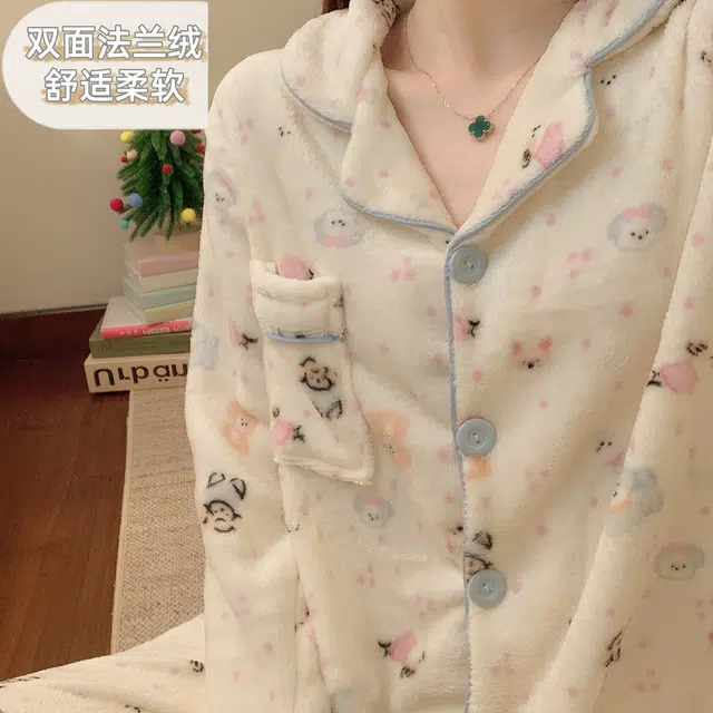 静英鸾 法兰绒加厚保暖时尚甜美风休闲舒适家居服睡衣套装 女款