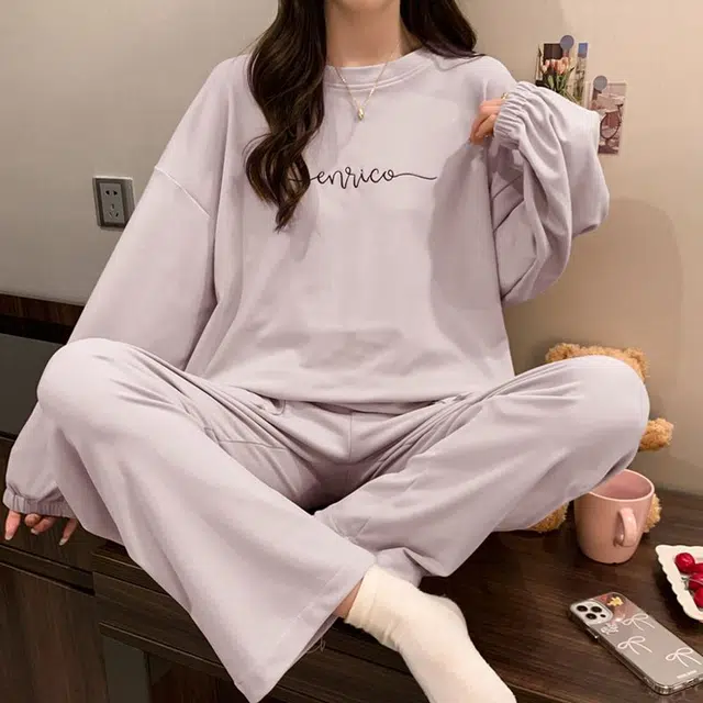 静英鸾 德绒长袖长裤圆领套头纯色简约甜美两件套家居服秋冬季保暖套装 女款