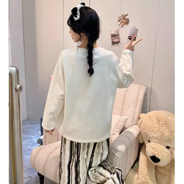 静英鸾 仿棉圆领套头长袖长裤可爱卡通小女孩条纹休闲家居服春秋季睡衣套装 女款