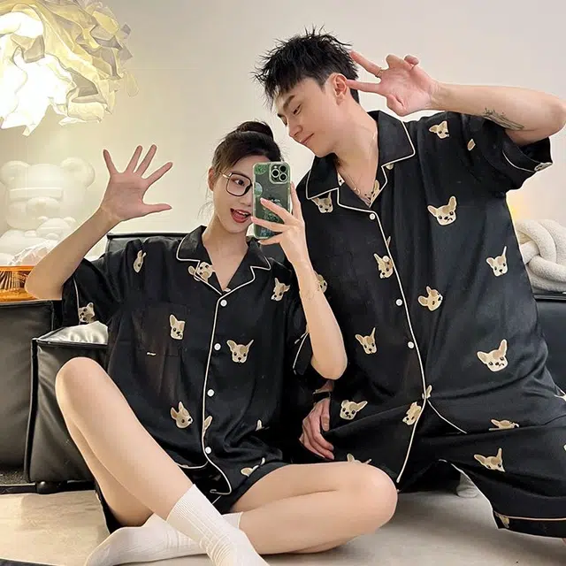 静英鸾 夏季情侣卡通小狗短袖短裤翻领亲肤舒适家居服睡衣礼盒 男女同款