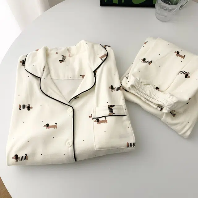 静英鸾 保暖加厚长袖长裤翻领开衫卡通波点腊肠狗家居服睡衣套装 女款