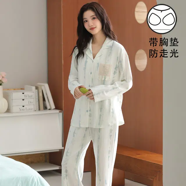 静英鸾 带胸垫翻领休闲甜美可爱时尚简约清新绿亲肤舒适家居服睡衣套装 女款