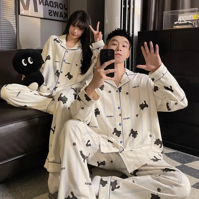 静英鸾  秋季翻领条纹卡通小狗甜美风休闲舒适家居服睡衣礼盒 男女同款