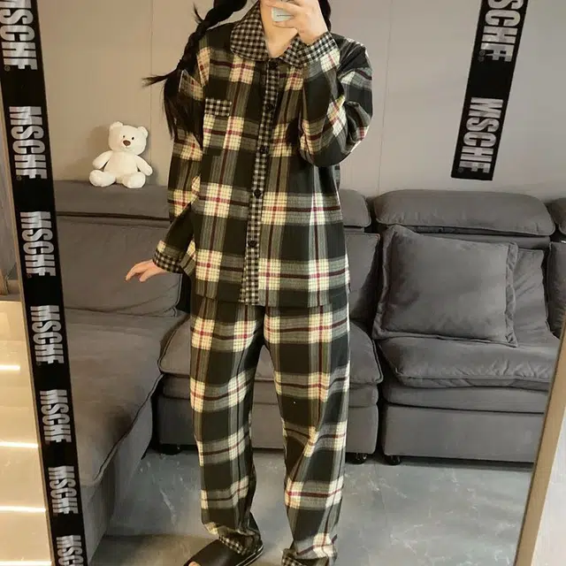 静英鸾 情侣格子长袖开衫简约设计家居服睡衣套装 男女同款