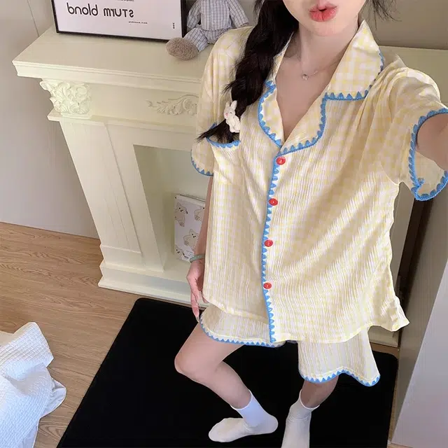 静英鸾 翻领格子甜美风休闲舒适家居服睡衣套装 女款