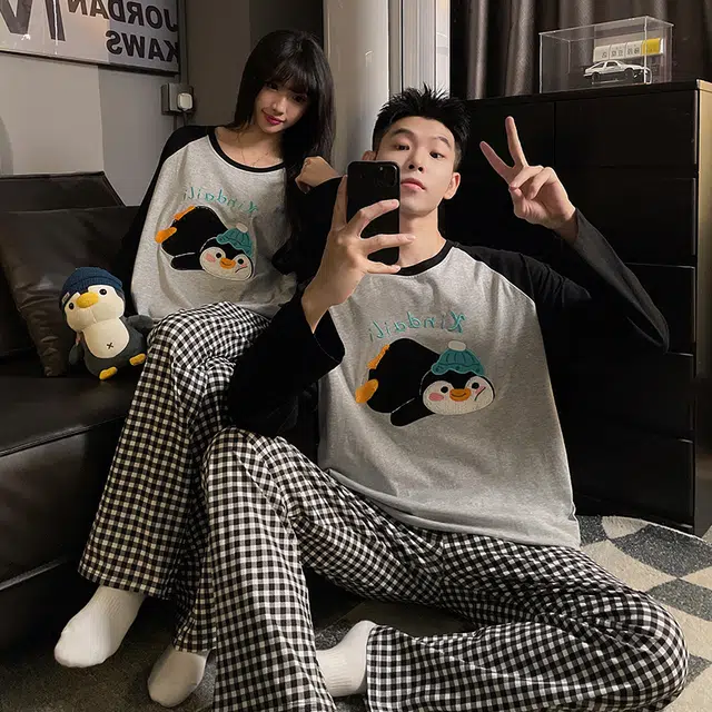 静英鸾 纯棉卡通可爱趴趴企鹅圆领套头长袖长裤休闲家居服秋冬季睡衣套装 男女同款