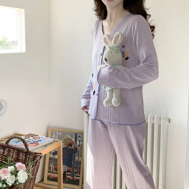 静英鸾 带胸垫甜美可爱简约紫卡通腊肠狗休闲亲肤舒适可外穿家居服睡衣套装 女款