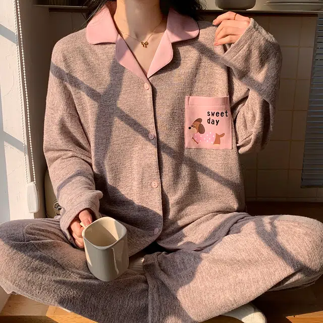 静英鸾 翻领简约甜美休闲时尚卡通小狗亲肤舒适可外穿家居服睡衣套装 女款