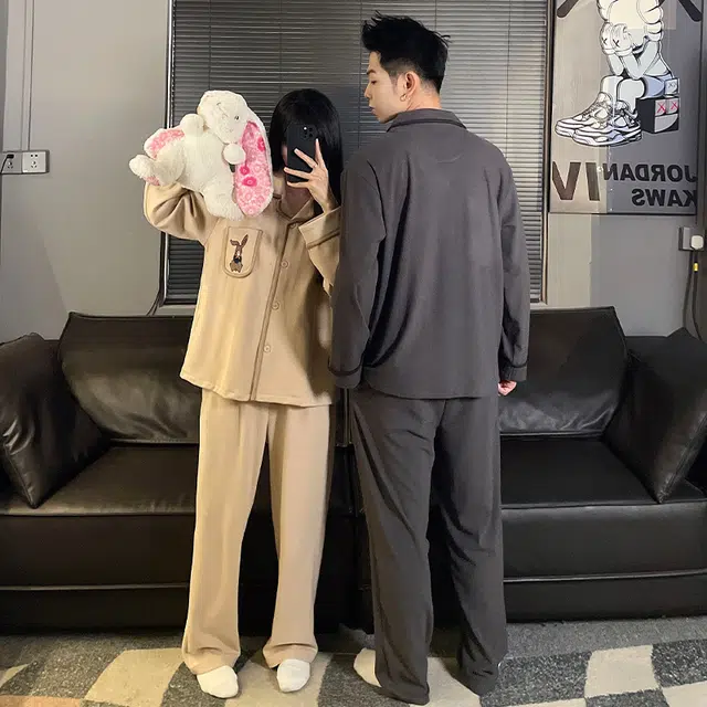 静英鸾 纯色卡通兔子时尚简约风冬季德绒加厚保暖家居服睡衣套装 男女同款
