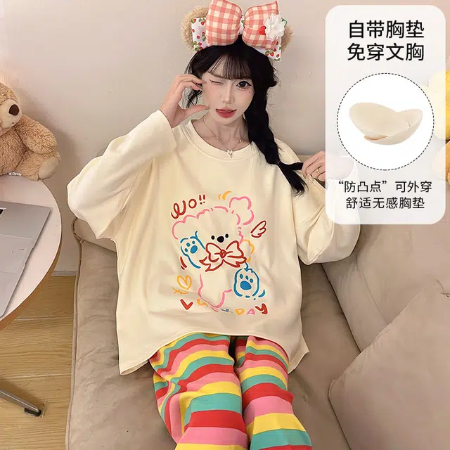 静英鸾 带胸垫圆领套头长袖长裤简约多巴胺条纹小狗家居服春秋季睡衣套装 女款