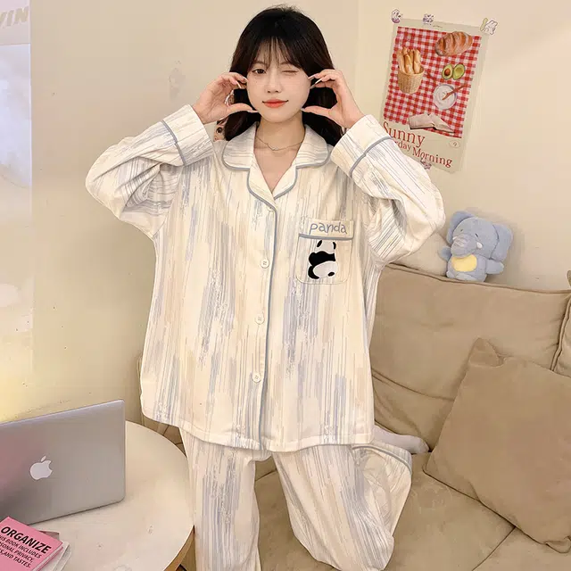 静英鸾 冬季翻领可爱熊猫甜美风德绒加厚保暖休闲舒适家居服睡衣套装 女款