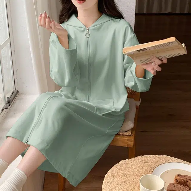 静英鸾 德绒长袖长裙连帽拉链纯色简约小清新家居服秋冬季保暖套装 女款