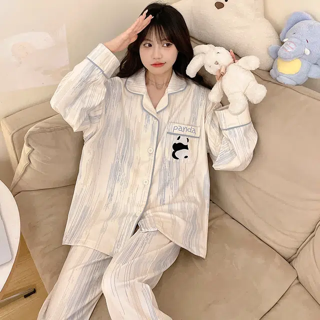 静英鸾 冬季翻领可爱熊猫甜美风德绒加厚保暖休闲舒适家居服睡衣套装 女款