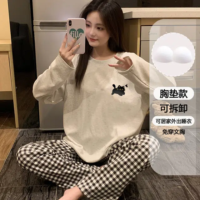 静英鸾 可拆卸胸垫休闲时尚简约高级感卡通小猫亲肤柔软舒适可外穿家居服睡衣套装 女款