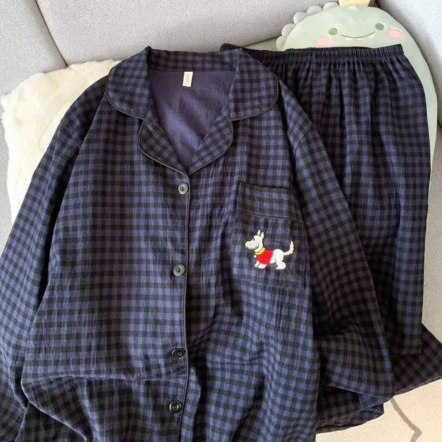 静英鸾 简约格子休闲卡通小狗图案长袖长裤可外穿家居服睡衣礼盒 女款