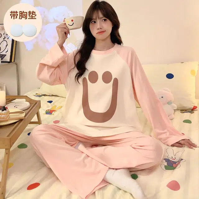 静英鸾 德绒带胸垫长袖长裤圆领套头纯色甜美笑脸家居服秋冬季保暖套装 女款