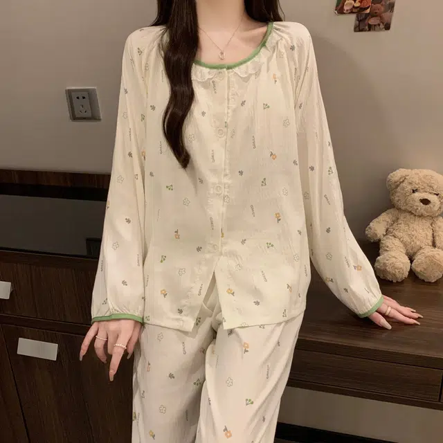 静英鸾 带胸垫长袖长裤圆领卡通小花休闲小清新家居服秋冬季睡衣套装 女款