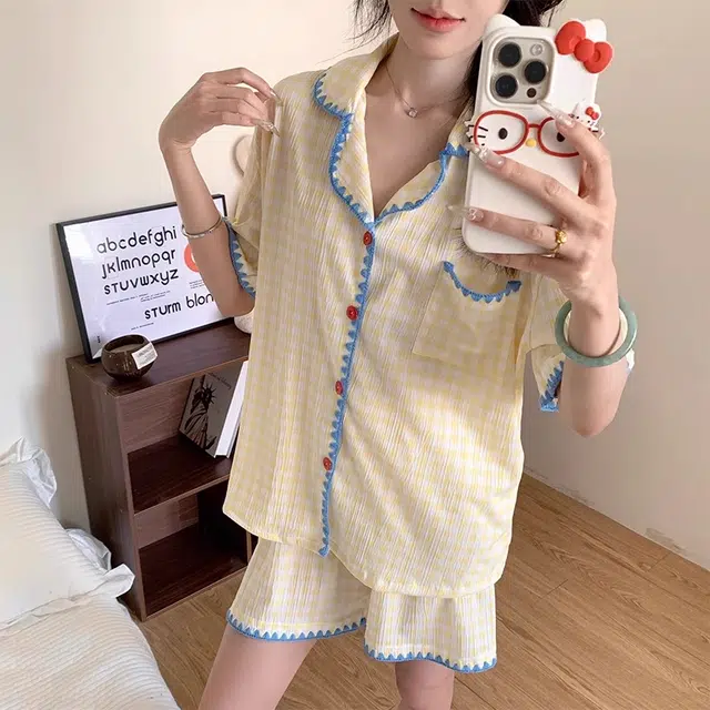 静英鸾 翻领格子甜美风休闲舒适家居服睡衣套装 女款