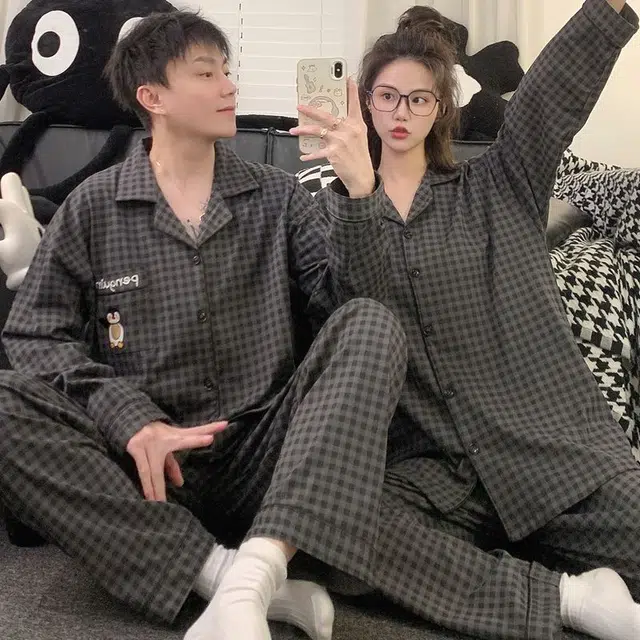 静英鸾 卡通企鹅格子甜美风休闲舒适家居服睡衣套装 男女同款