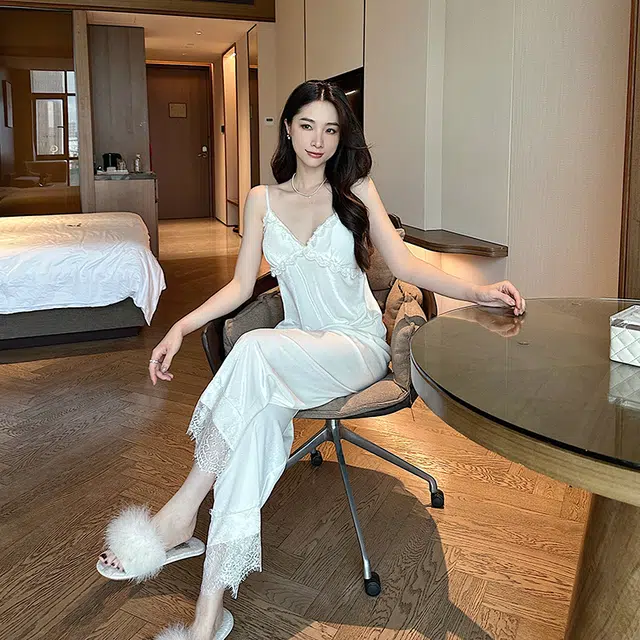 静英鸾 金丝绒长袖睡袍吊带长裤纯色休闲花边性感家居服秋冬季睡衣套装 女款