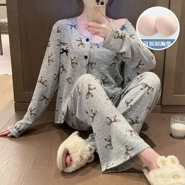 静英鸾 棉质羊绒长袖吊带长裤开衫纯色简约甜美蝴蝶结家居服秋冬季睡衣套装 女款