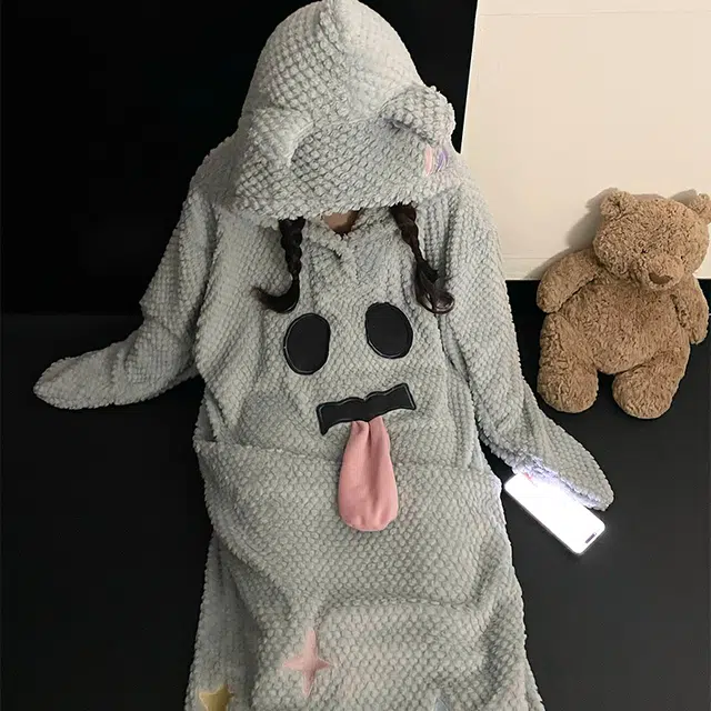 静英鸾 休闲时尚简约灰甜美可爱卡通柔软保暖舒适可外穿家居服睡裙 女款