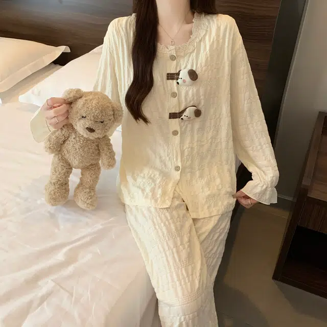 静英鸾 家居女舒适简约休闲风圆领花边设计长袖长裤服睡衣礼盒 女款