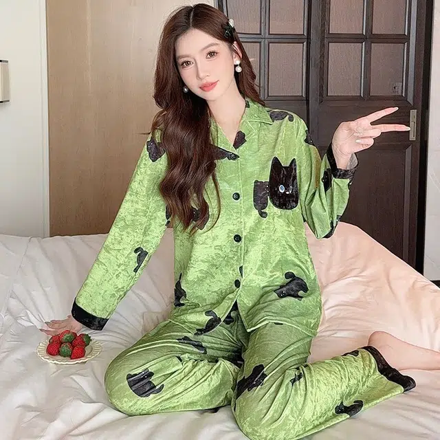 静英鸾 金丝绒加厚保暖翻领开衫卡通小猫长袖长裤休闲家居服秋冬季睡衣套装 女款