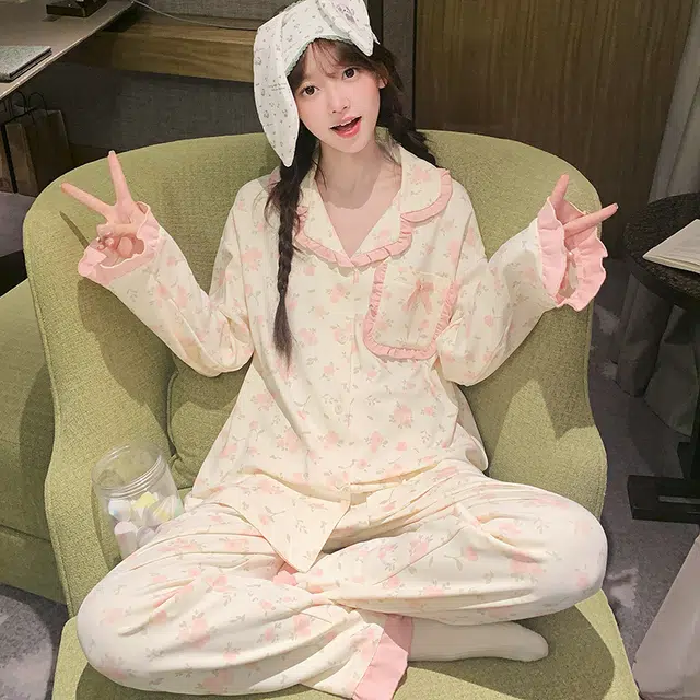静英鸾 家居女舒适清新碎花轻便长袖长裤翻领设计服睡衣套装 女款