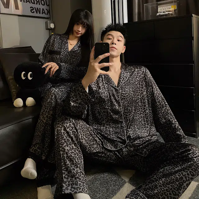 静英鸾 豹纹翻领简约风休闲时尚家居服睡衣套装 男女同款