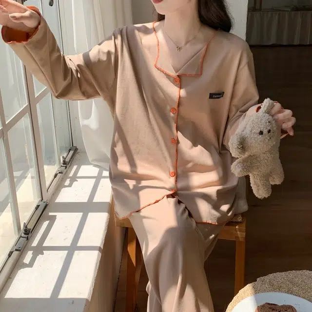 静英鸾 德绒长袖长裤小翻领开衫纯色简约两件套家居服秋冬季保暖套装 女款
