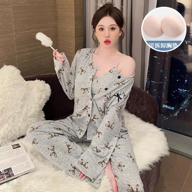 静英鸾 棉质羊绒长袖吊带长裤开衫纯色简约甜美蝴蝶结家居服秋冬季睡衣套装 女款