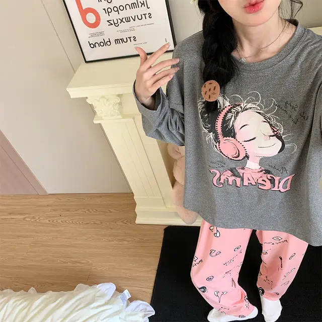 静英鸾 棉质带胸垫长袖长裤圆领套头可爱卡通甜美女孩家居服秋冬季睡衣套装 女款