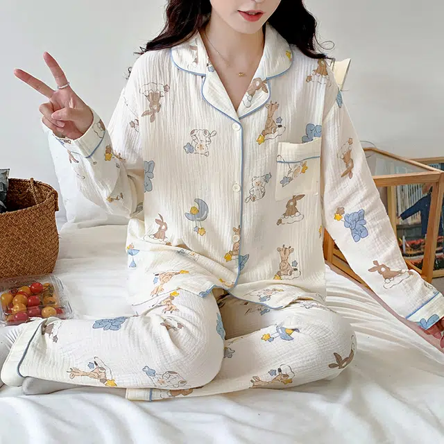 静英鸾 简约休闲时尚甜美可爱卡通小动物亲肤舒适可外穿家居服睡衣套装 女款