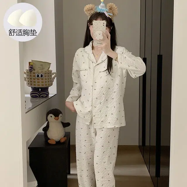 静英鸾 长袖长裤舒适透气亲肤简约蝴蝶结满印可外穿家居服睡衣礼盒 女款