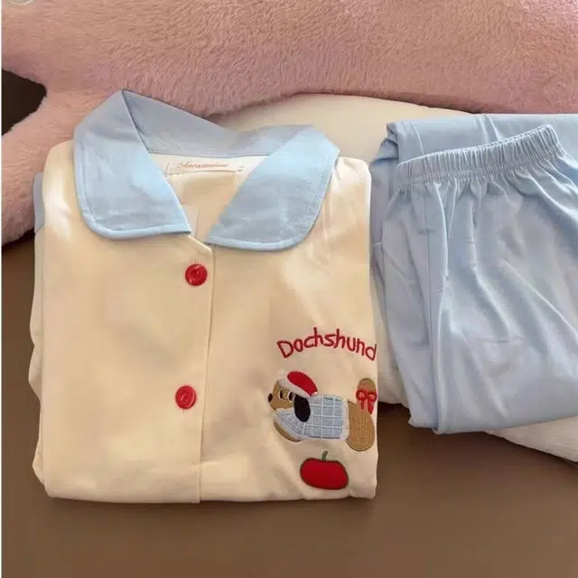 静英鸾 舒适简约卡通腊肠小狗图案长袖翻领家居服睡衣礼盒 女款